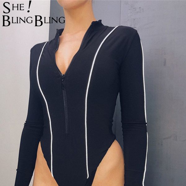 

sheblingbling fashion white stripe patchwork black bodysuit women fitness bodysuits 2019 long sleeve zipper slim rompers, Black;white