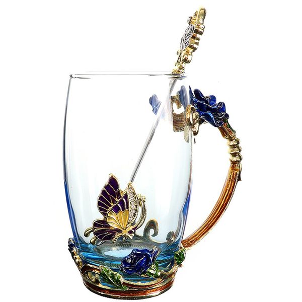 

beauty and novelty enamel coffee cup mug flower glass cups for and cold drinks cup spoon set perfect high type
