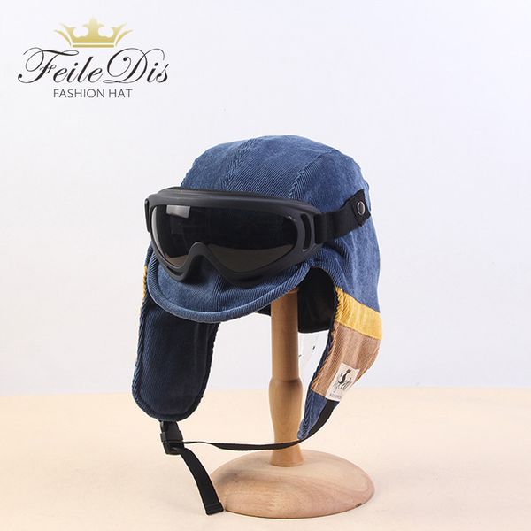 

feiledis]winter bomber hats plush earflap russian ushanka with goggles men women's trapper aviator pilot hat lr-132 y200110, Blue;gray