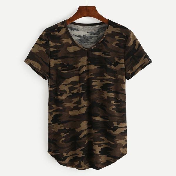 

2019 camouflage printed camo t shirts women army short sleeves o neck pocket female t-shirt summer casual loose cotton tees, White