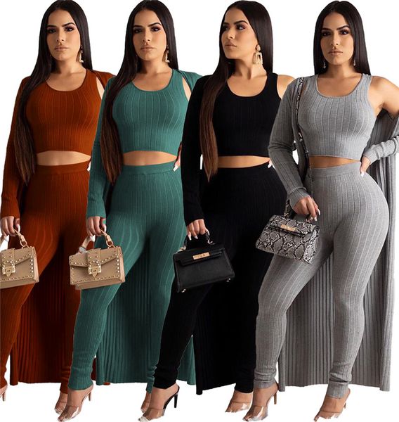 

women & club 3 piece set solid color fall winter clothing gym t-shirt pants cardigan sweatsuit pullover outerwear leggings outfits 2334