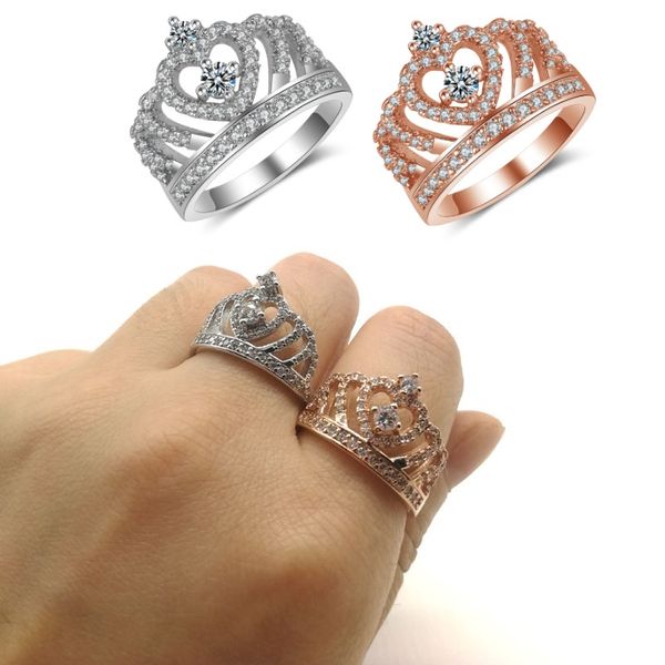 

factory fashion silver rings crystal heart rings women's crown zircon ring jewelry women's engagement party wholesale