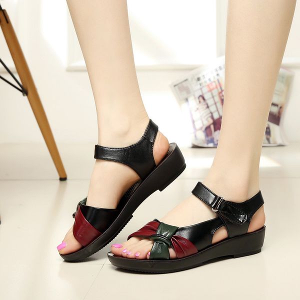 

summer flat sandals genuine leather women hook loop mother butterfly knot soft ladies slides beach shoes zapatos de mujer c13, Black