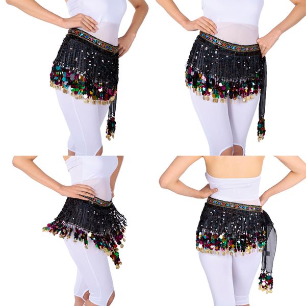 

belly dance waist chain hip skirt scarf with sequins coin tassel, Black;red