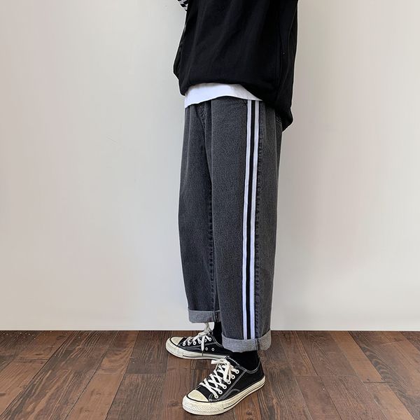

men's jeans 2019 autumn and winter new elastic waist jeans striped straight pants youth personality fashion trend men's clothing, Blue