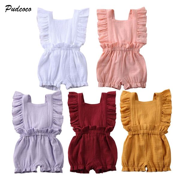 

2020 newborn toddler baby girl clothes kids romper 0-5yruffle fly sleeve solid high wasit jumpsuit cotton linen outfit playsuit, Blue