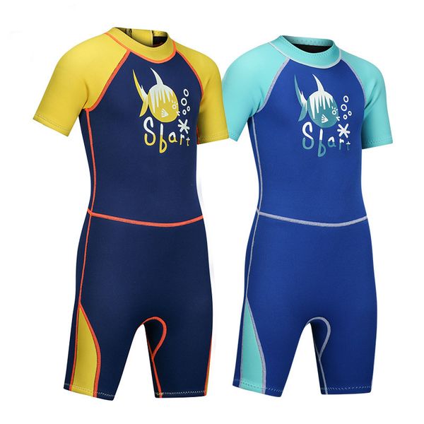 

children wetsuit 2mm double-sided neoprene thickening warm diving swim suit anti jellyfish short sleeve snorkeling uv girls boys, White