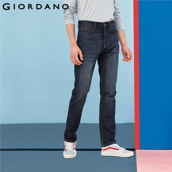 

giordano men jeans denim elastic mid rise narrow feet quality cotton soft pantalones cortos whiskering denim clothing, Blue