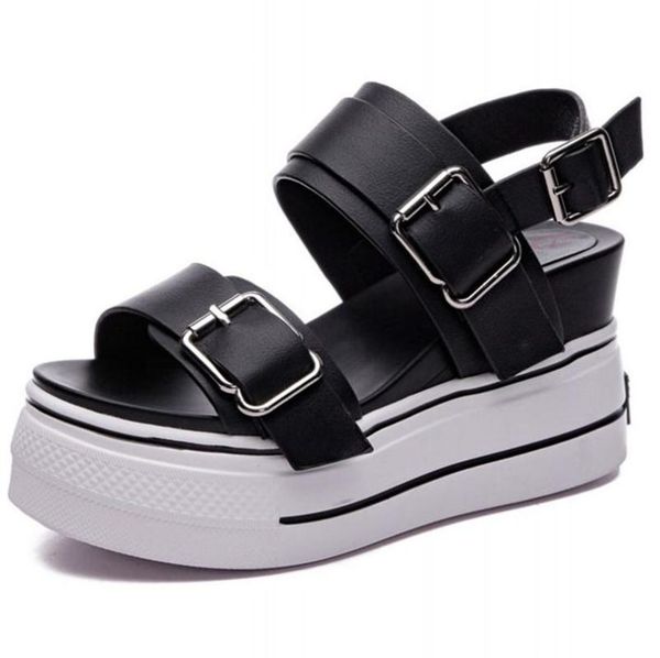 

women's cow leather platform wedge gladiator sandals strap buckle high heel summer fashion sneakers casual shoes, Black