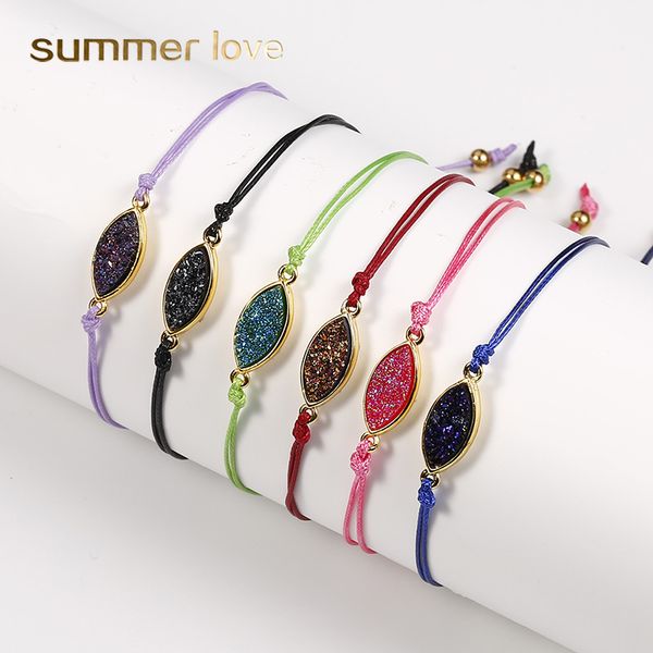 

2019 fashion natural resin stone oval druzy charm bracelet with wish card colorful string braiding bracelets for men women jewelry gift, Golden;silver