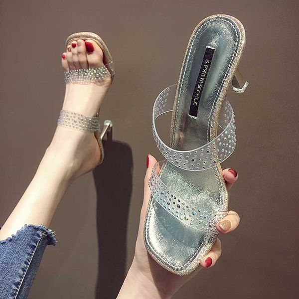 

glitter slides slippers casual high-heeled shoes lady transparent heel square toe shose women pantofle thin heels rubber flip, Black