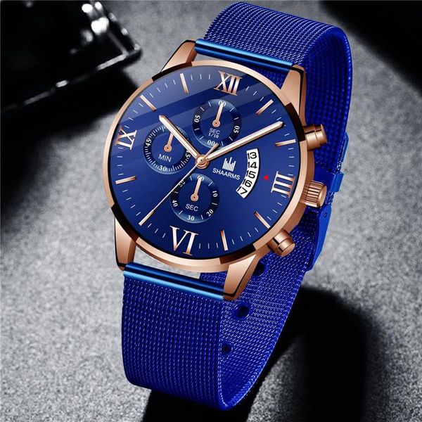 

shaarms men luxury blue watch mesh band stainless steel quartz wristwatch male sport watches business relogio masculino, Slivery;brown