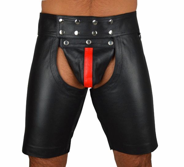 

men black with red faux leather latex pants short boxer wetlook clubwear zipper jockstrap fetish gay men underwear, Black;white