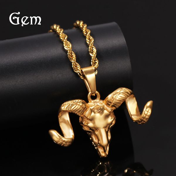 

cuban link chains hip-hop sheep head pendant necklace gold-plated horn skull punk stainless steel men's necklace, Silver