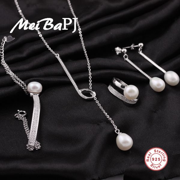 

meibapj 2018 new natural freshwater pearl trendy jewelry sets s925 silver pendant ring earrings bracelet fine wedding jewelry, Black