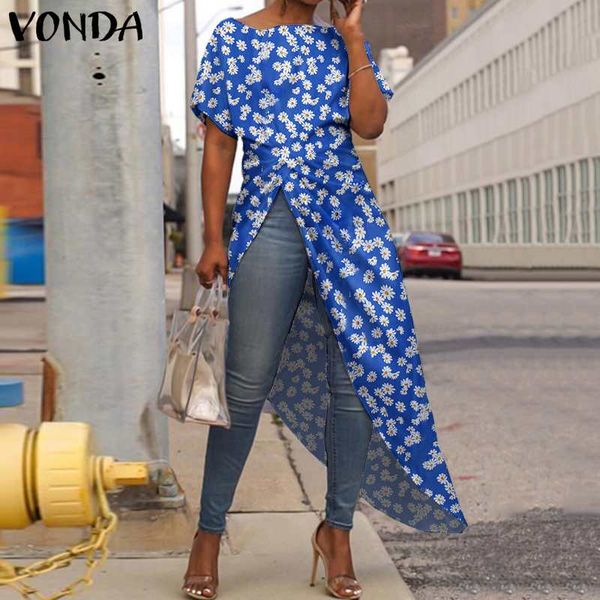 

summer blouse women irregular tunic vintage floral long shirts office party vonda 2020 female casual blusa plus size, White