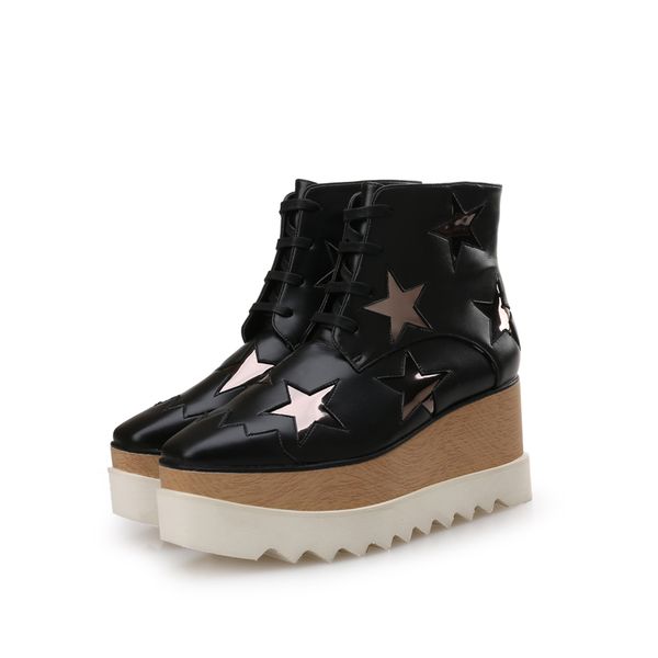 

autumn women black leather platform ankle boots fashion stars wedge boots square toe lace up high stella casual shoes