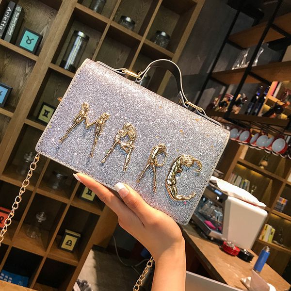 

2018 new shoulder bag women's chain letter sequin fashion trend wild small square bag