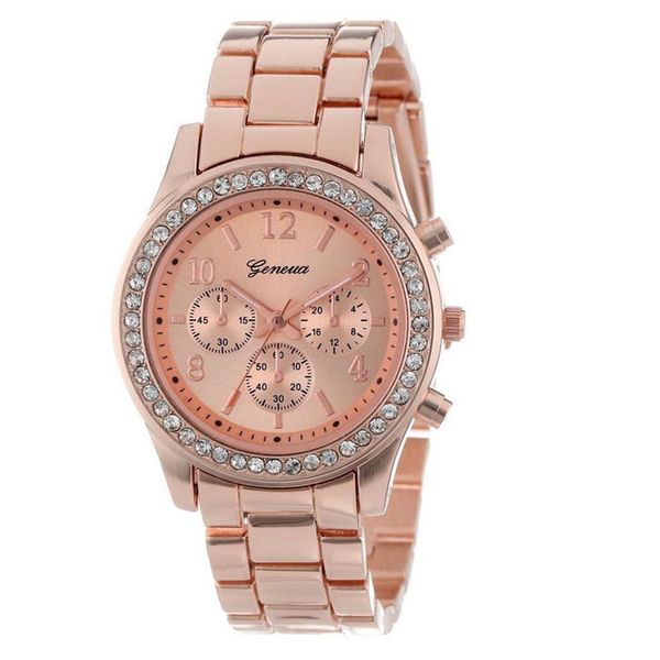 

2019 faux chronograph quartz plated classic round ladies women crystals watch gold women bracelet watch reloj mujer, Slivery;brown
