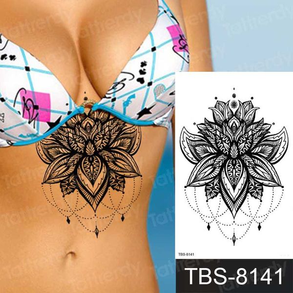 

mandala temporary tattoo sticker lace henna pattern under breast tattoo black flower jewelry stickers egypt arabic