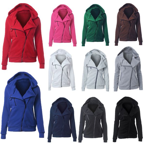 

large hoodie jacket sweater coat lady plus size solid color long sleeve zipper hooded fleece overcoat s-2xl 12 colors, Black;brown