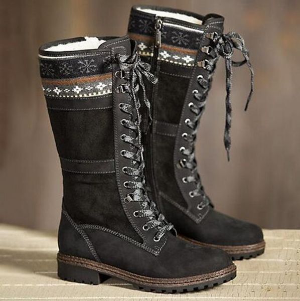 

winter knee boots women lace up zipper long fashion low heel booties shoes square heel medium, Black