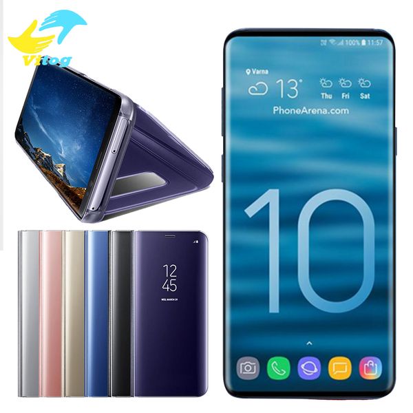 

Holder phone ca e for iphone x xr x max note10 8 9 10 plu huawei electroplate clear mart kick tand mirror view flip cover leep wake