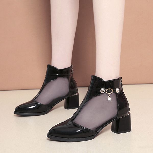 

2020 new women spring summer mesh shoes woman sandals high heels women's sandals office work block heel shoes zipper boots, Black