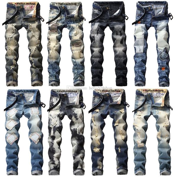 

hello528shop classic retro mens designer jeans pants long - distrressed patches straight ripped denim trousers man homme, Blue