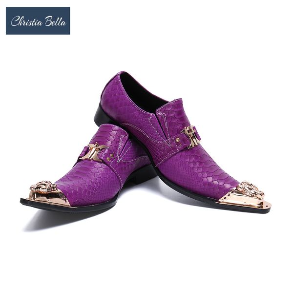 

christia bella fashion chain genuine leather men business shoes large size slip on metal pointed toe formal dress men shoes, Black