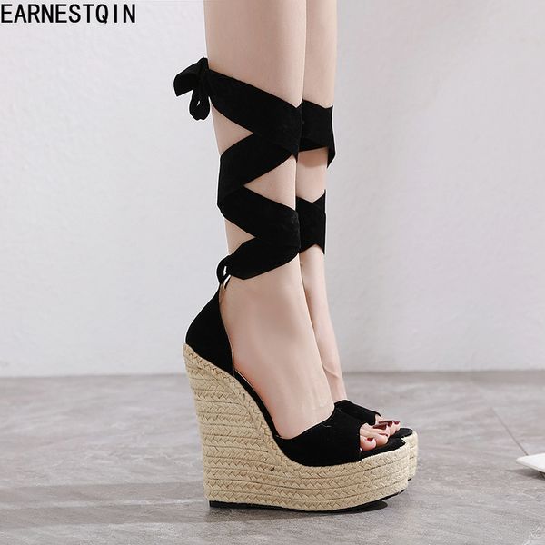 

european early spring new comfortable wedges heels women sandals peep toe women shoes, Black