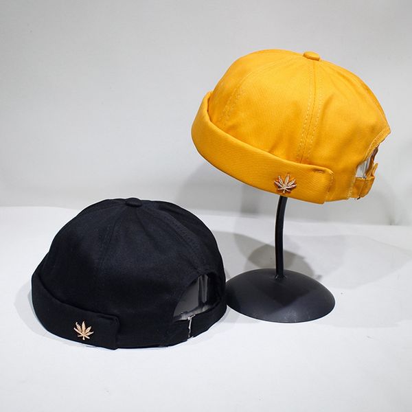 

men women skullcap sailor cap leaf rivet embroidery warm rolled cuff bucket cap brimless hat solid color adjustable cotton hats, Yellow