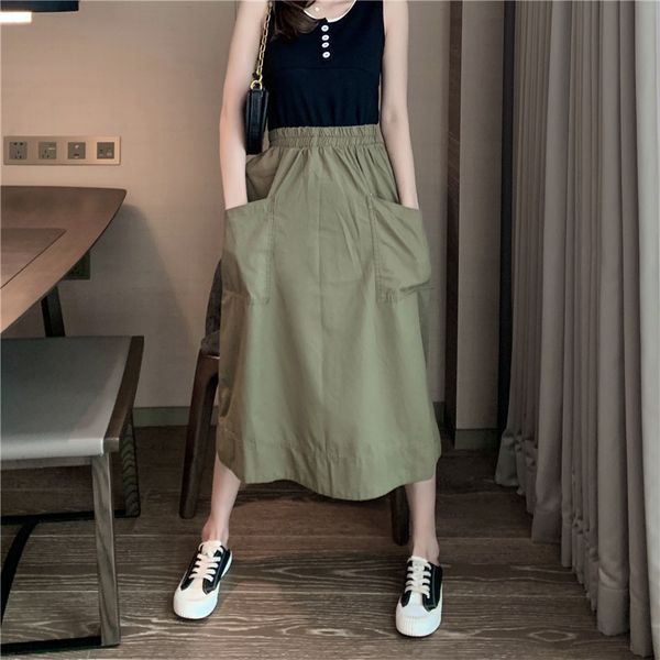 

5xl elastic waist korean style skirt women summer 2020 loose plus size women long skirts solid elegant long skirt waist high, Black