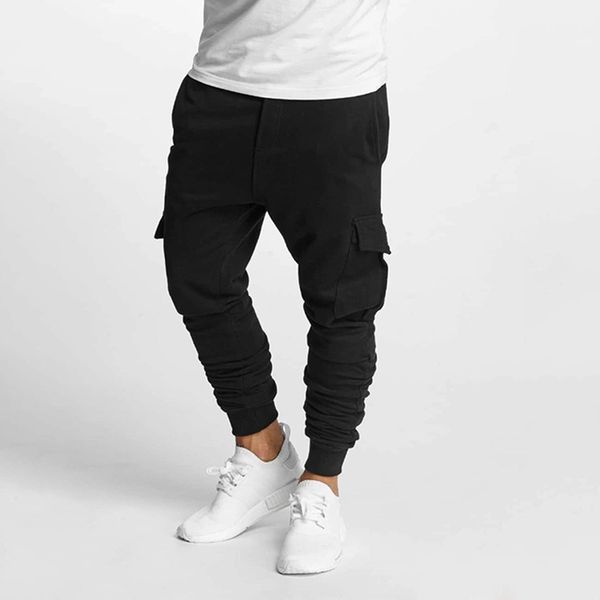 

men casual trousers summer autumn male pants fitness multi-pocket overalls bodybuilding outdoor sports pants, Black