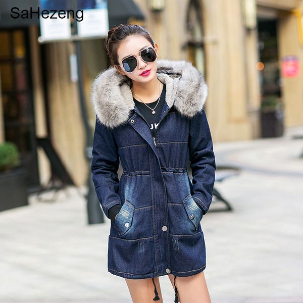 

sahezeng women winter denim jackets coats thick warm 2017 jeans ladies slim cotton padded fur hooded jackets outerwear j22-1, Black