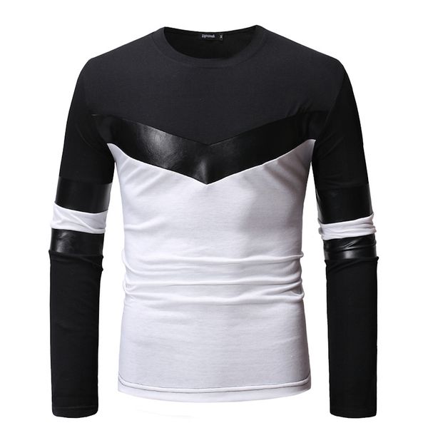 

designer leather panelled mens tshirts fashion long sleeve casual tshirt spring and autumn contrast color clothes, White;black