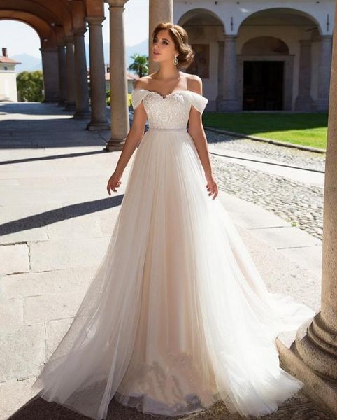 

a line wedding dresses off shoulder appliques lace beads corset back summer plus size tulle sashes bohemian beach formal bridal gowns, White