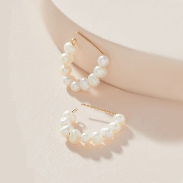 

chiao mini size fresh water pearl beaded hoop earrings for women, Golden;silver