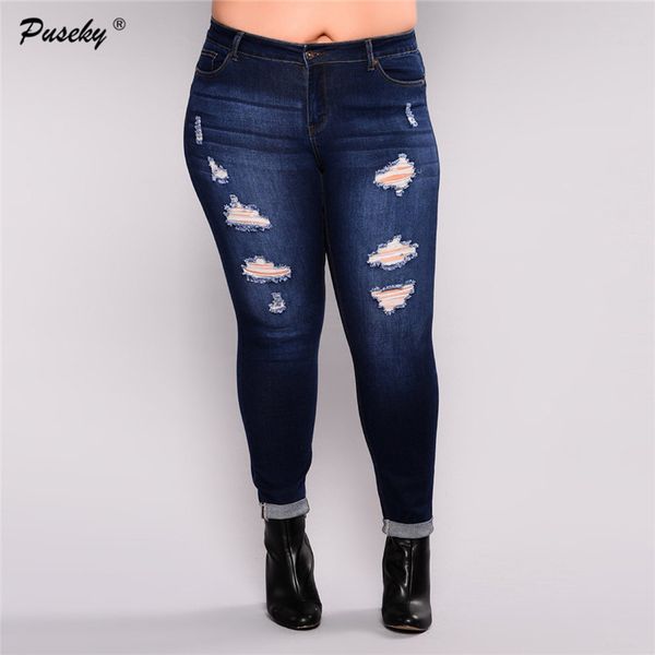 

women pants cool denim vintage straight jeans new arrival hole ripped jeans for girl casual pants female slim plus size, Blue