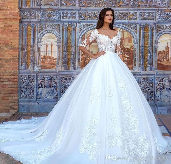 

new arabic dubai a line wedding dresses v-neck half sleeve lace appliques ruched sweep train long bridal gowns vestidos de soiree, White