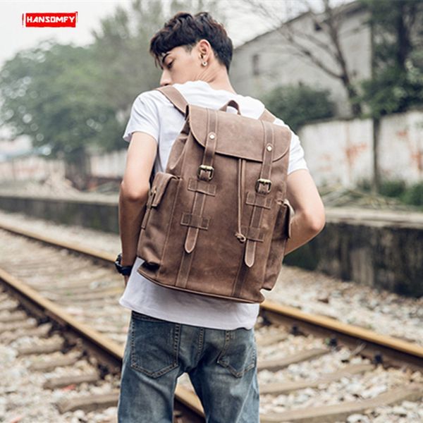 

original handmade retro crazy horse leather men's backpack first layer leather shoulder bag men computer travel backpacks 2019