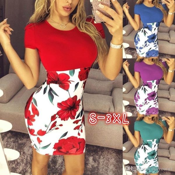 

summer slim bodycon mini party dress casual short sleeve splice print dress knitted vestidos 3xl plus size women clothing, Black;gray