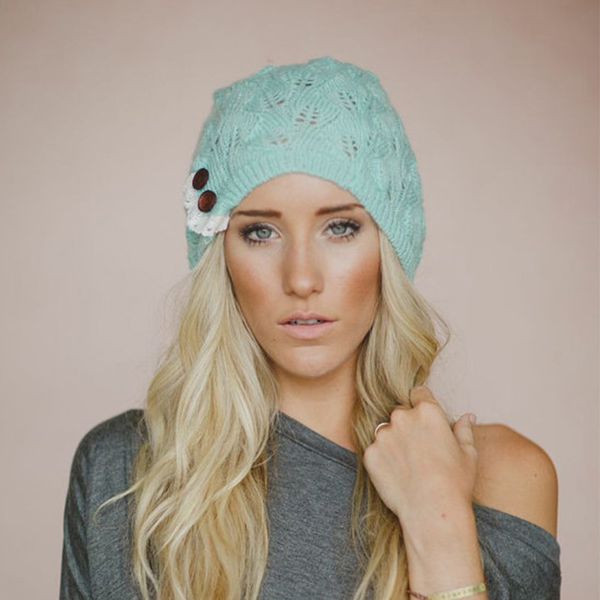 

women new knitted caps winter warm beret hat knitted beanie fashion hats with buttons gdd99, Blue;gray