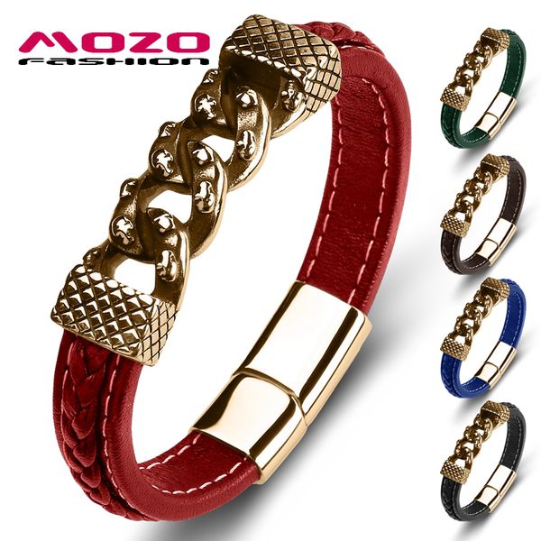 

mozo fashion 2020 retro men bracelet genuine leather stainless steel charm bracelet women punk jewelry bracelets red, White