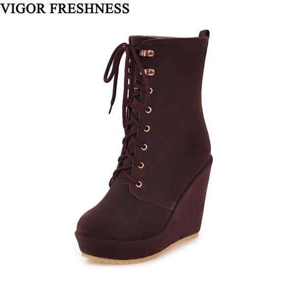 

vigor freshness platform shoes woman ankle boots wedge heels 11cm autumn boots dress women shoes party winter 34-43 my483, Black