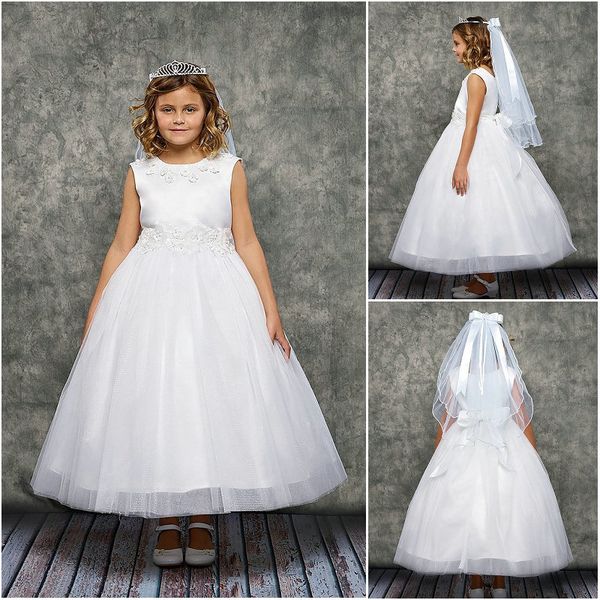 

2019 wholesale white flower girl dresses ankle length tulle jewel neck handmade flowers bow sash holy communion gowns, White;blue