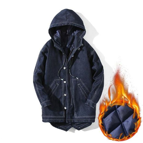 

denim jacket 2019 winter fashion parka jacket men thick warm zipper hooded long slim casual solid color large size 5xl, Tan;black