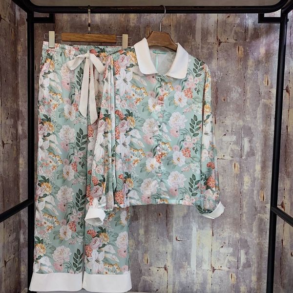 

2019 spring new fashion women's lapel floral printed long sleeve pajamas two pieces satin silk household clothes sleepwear, Blue;gray