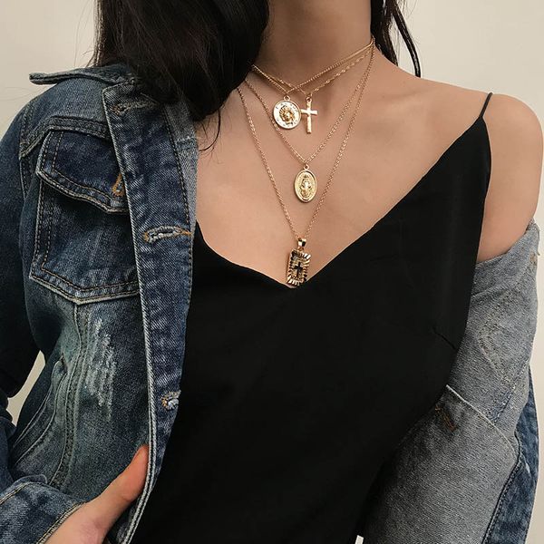 

trendy female jesus cross pendant layered necklaces women fashion personalized gold silver long chain necklace hip hop jewelry