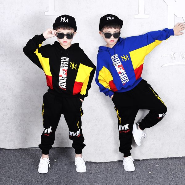

2 piece hooded long sleeve sweater suit autumn new boy handsome sports pants jacket street dance style clothes children's clothing, White